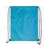 A bright blue drawstring backpack featuring black cords for closure and carrying.