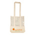 A cream tote bag with mesh sides and a logo at the bottom featuring an orange graphic.