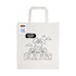 A white cotton tote bag featuring a colouring design of an Easter bunny with decorated eggs, and a branding logo.