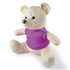 A plush toy bear with a beige body and a purple shirt, featuring friendly facial features and rounded ears.