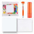 A collection of colorful jelly beans, an orange pen, a bright orange lip balm tube, and white pouches.