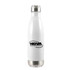 A drink bottle featuring a sleek white design with a stainless steel base and a branded logo.