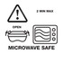 A food container design featuring microwave-safe symbols and instructions for use. It includes a caution symbol and usage guidelines.
