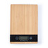 A bamboo kitchen scale with a digital display, featuring a sleek black control panel and a logo.