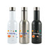 A drink bottle set featuring three flasks: a white one, a stainless steel one, and a black one, each with a logo and colorful designs.