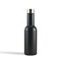 A drink bottle in matte black with a stainless steel cap, featuring a simple design and a logo.