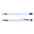 Two plastic pens are displayed, featuring a white body with blue accents and chrome tips. Each pen has a clip.