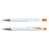 A plastic pen featuring a white barrel and an orange top. It has a chrome accent and a clip for easy handling.