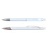 A white plastic pen with a silver clip and tip, featuring a smooth design and a glossy finish.