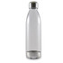 A drink bottle with a transparent body and a metallic base and cap.