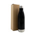 A drink bottle made of stainless steel in black, accompanied by a cardboard box. The bottle features a silver base and cap.