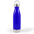 A drink bottle in a vibrant blue color with a stainless steel bottom and a metal hanger lid.