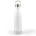 A drink bottle in white with a stainless steel bottom and a metal hanger lid. Includes a logo on the surface.