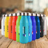 A collection of colorful aluminium drink bottles in various shades, each featuring a logo.