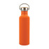 A drink bottle made of recycled aluminum in a vibrant orange color, featuring a stainless steel cap and a sturdy handle.