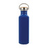 A drink bottle made of recycled aluminum, featuring a shiny blue finish and a silver metal cap with a handle.
