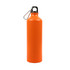 A drink bottle in bright orange, featuring a secure lid and a carabiner attachment. It has a logo.