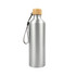 A drink bottle in silver aluminum with a bamboo lid and a black strap, featuring a logo.
