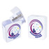A rectangular white pencil sharpener with a logo design and colorful star accents.