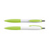 Two plastic pens named Mac Pen, featuring a white barrel with a green textured grip and clip, showcasing a sleek design.