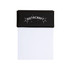 A black memo pad with a textured cover and a white notepad inside. It features a logo on the front.