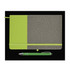 A notebook with a textured gray cover and vibrant green accents, accompanied by a matching green pen.