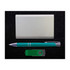 A power bank gift set featuring a sleek silver wallet, a green pen, and a green USB flash drive.