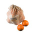 A beige mesh bag filled with oranges, with two oranges placed beside it. The bag features a logo.