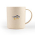 A cream-coloured mug with a handle featuring a logo in blue and yellow.