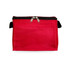 A red zippered bag with a black strap, featuring a smooth exterior and a simple design.