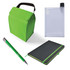 A green cooler bag, a clear drink bottle, a silver and green pen, and a black notebook with a green elastic band.