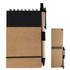 A brown cardboard notebook with a black cover and a black pen attached, featuring spiral binding.