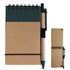 A cardboard notebook with a green cover and a pen attached. The notebook features a coil binding and lined pages.
