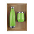 A green drink bottle and matching cup are arranged in a cardboard gift box. The bottle has a stainless steel bottom.