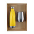 A drink bottle in bright yellow and a stainless steel cup are presented in a kraft cardboard gift box.