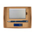 A gift set containing a sleek silver cardholder, a blue pen, and a blue USB drive, all presented in a cardboard box.