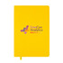 A yellow A5 notebook with a logo on the cover, featuring a smooth surface and a matching ribbon bookmark.