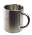 A stainless steel coffee mug with a sleek finish and a handle, featuring the logo "Exploration" on its side.