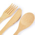 A miso bamboo cutlery set featuring a fork, knife, and spoon, all made from bamboo.