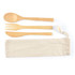A bamboo cutlery set including a spoon, fork, and knife, all housed in a natural calico pouch.