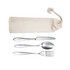 A cutlery set featuring a knife, spoon, and fork in silver, stored in a calico pouch.
