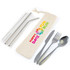 Stainless steel cutlery set in a calico pouch, featuring a fork, knife, spoon, and two straws with a cleaning brush.