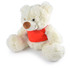 A plush teddy bear with a soft, fluffy white exterior and a brown nose, wearing a bright red shirt.