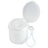 A white Storm Poncho packed in a convenient container with a removable lid and attached clip for easy carrying.