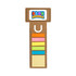 A brown business card bookmark features a ruler design and colourful sticky note flags. Includes a logo at the top.