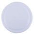 A white plastic plate with a smooth surface and subtle rim detail.