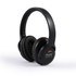 A pair of black ANC headphones with a logo on one earcup, featuring cushioned ear pads and a sleek design.