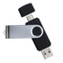 A swivel USB flash drive in black and silver, featuring dual connectors for versatility.