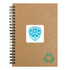 A brown spiral notebook with a green recycling symbol and a logo on the cover.