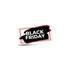 A rectangular sticker featuring a black brushstroke background with the words 'BLACK FRIDAY' in bold white text.